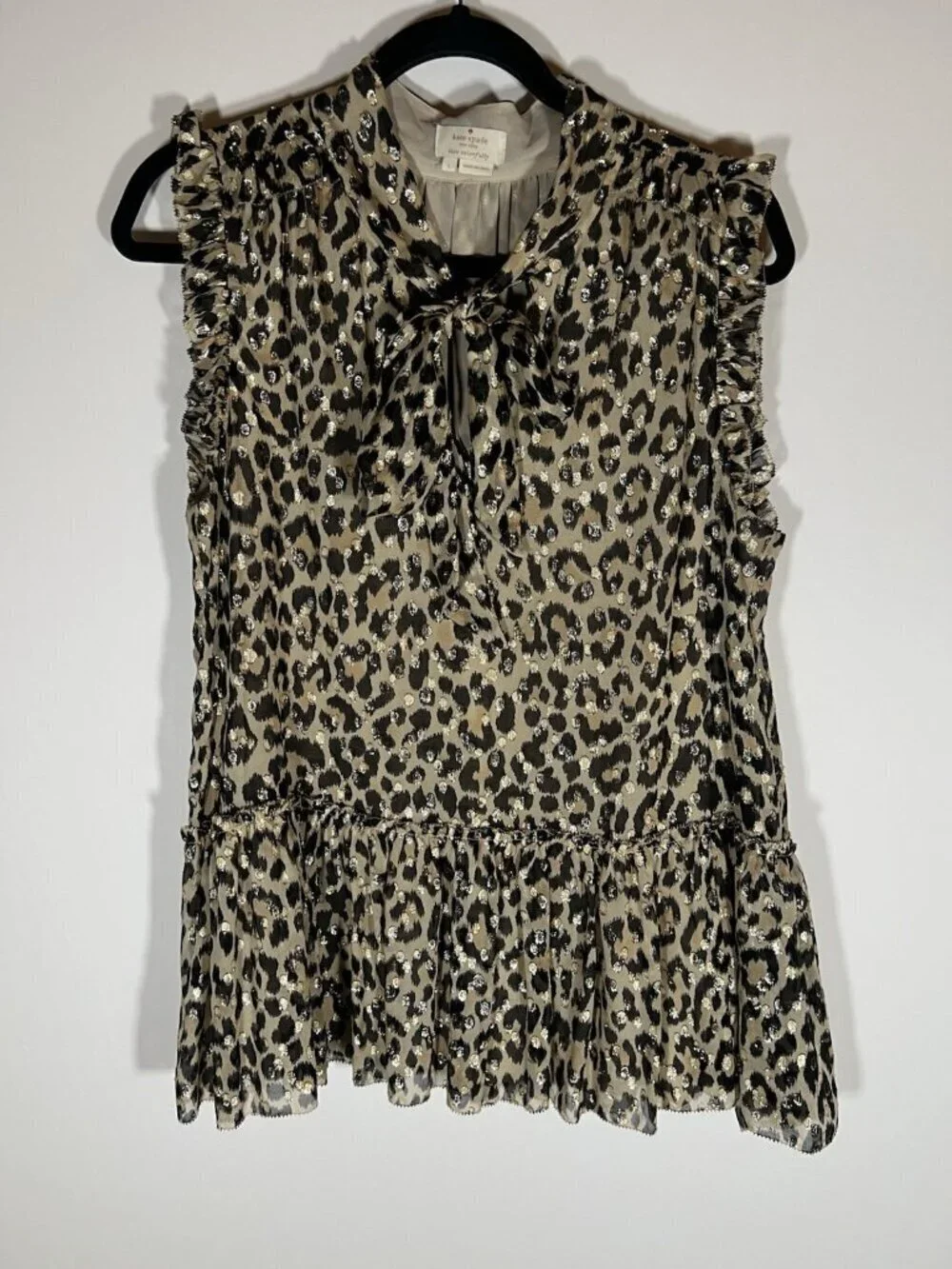 KATE SPADE leopard animal print metallic ruffle sleeveless blouse peplum tie L